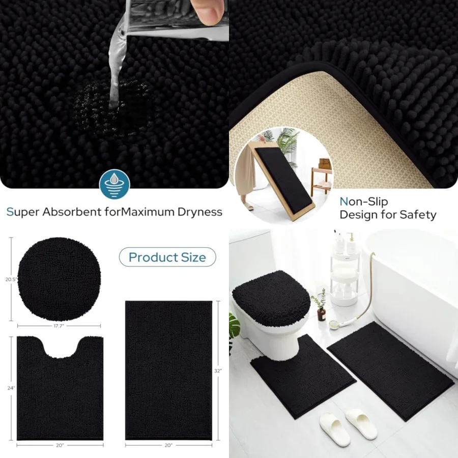 

Black Bathroom Rugs Sets 3 Piece with Toilet Lid Cover Non Slip Extra Absorbent Plush Chenille Soft Washable Bath Mats for Home