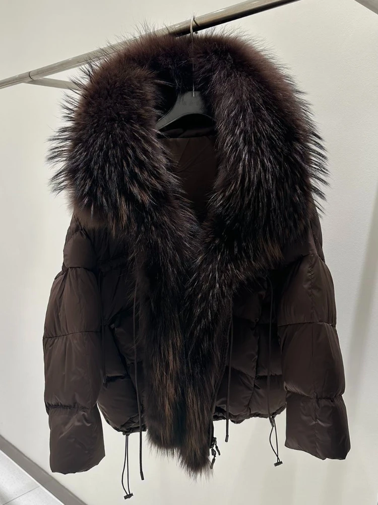 2025 New Thick Warm White Duck Down Coat Waterproof Parka Oversized Raccoon Fur Collar Winter Puffer Hooded Jacket Women
