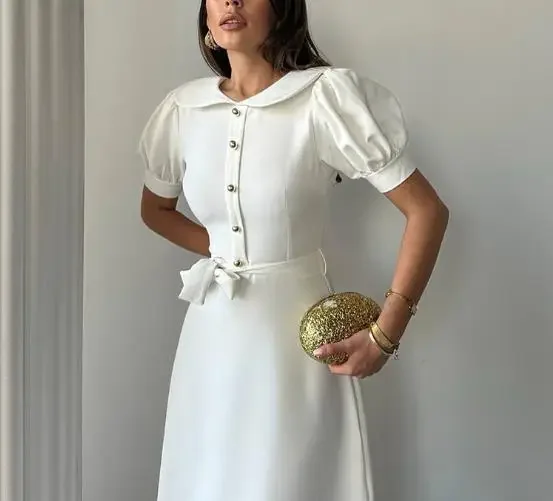 

Women's Sweet Short Sleeve Multi Button Casual Dress Temperament Commuting Summer New Female Fashion High Waist Elegant Dresses