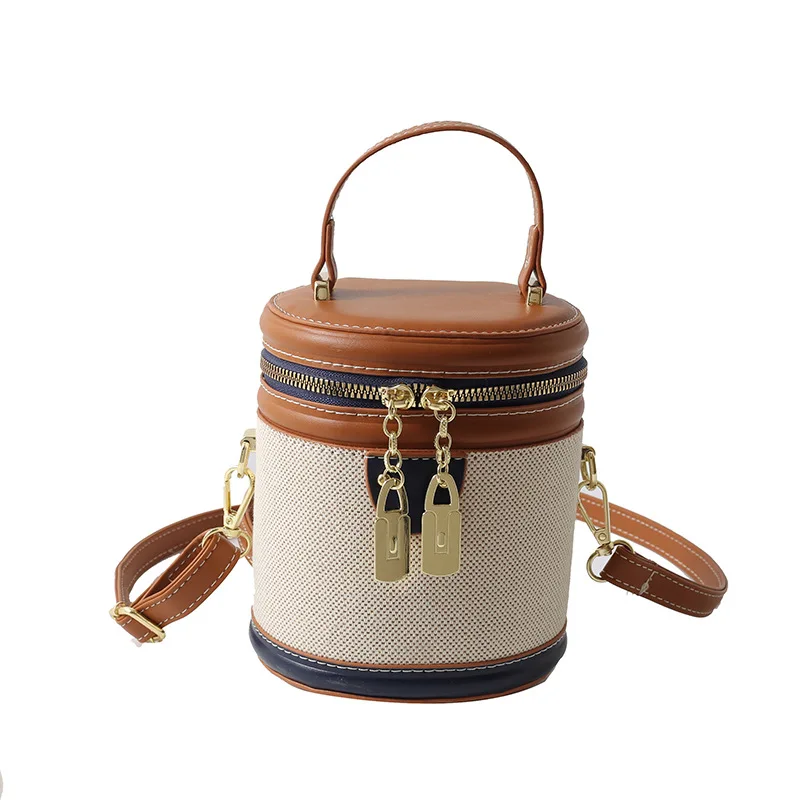 Retro Bucket Bag for Women 2023 New Handheld Fashion Contrast Color Cylinder Bag Canvas Spliced PU One Shoulder Crossbody Bag