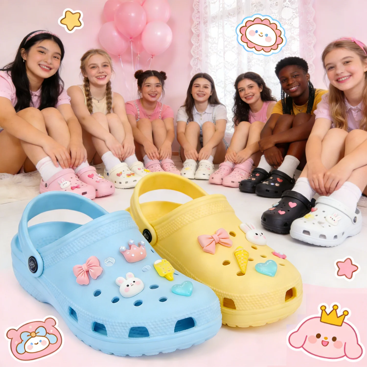 Kawaii Pastel Croc Charms Set Cute Bunny Bow Ice Cream Heart Shoe Charms Sweet Aesthetic Decor for Crocs Sandals Women Girls