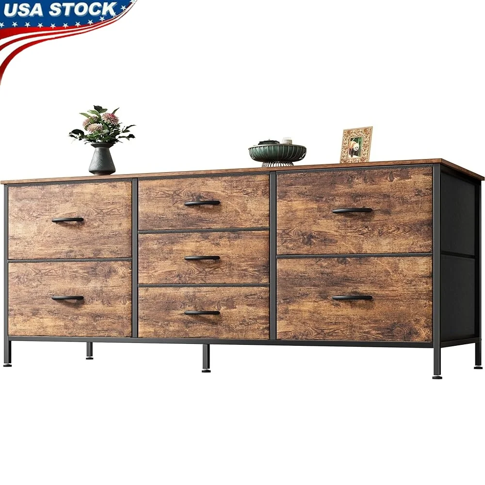 

Dresser TV Stand with 7 Fabric Drawers Storage Solution Clothing Bedroom Living Room Nursery Anti-Tip Adjustable Feet