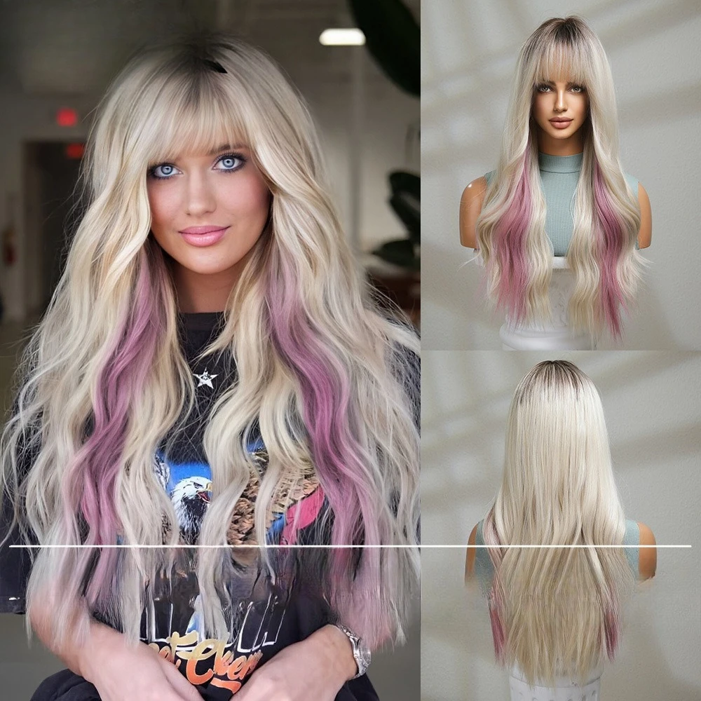 

New cos wig Qi bangs gradual change beige highlight powder fashion long curly hair
