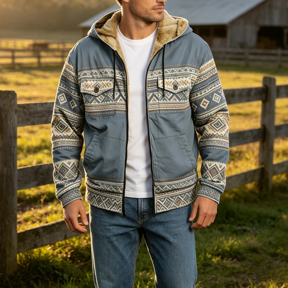 Men's Fleece Lined Aztec Jacket Ethnic Geometric Print Full Zip Hooded Winter Coat Warm Outwear Casual Streetwear