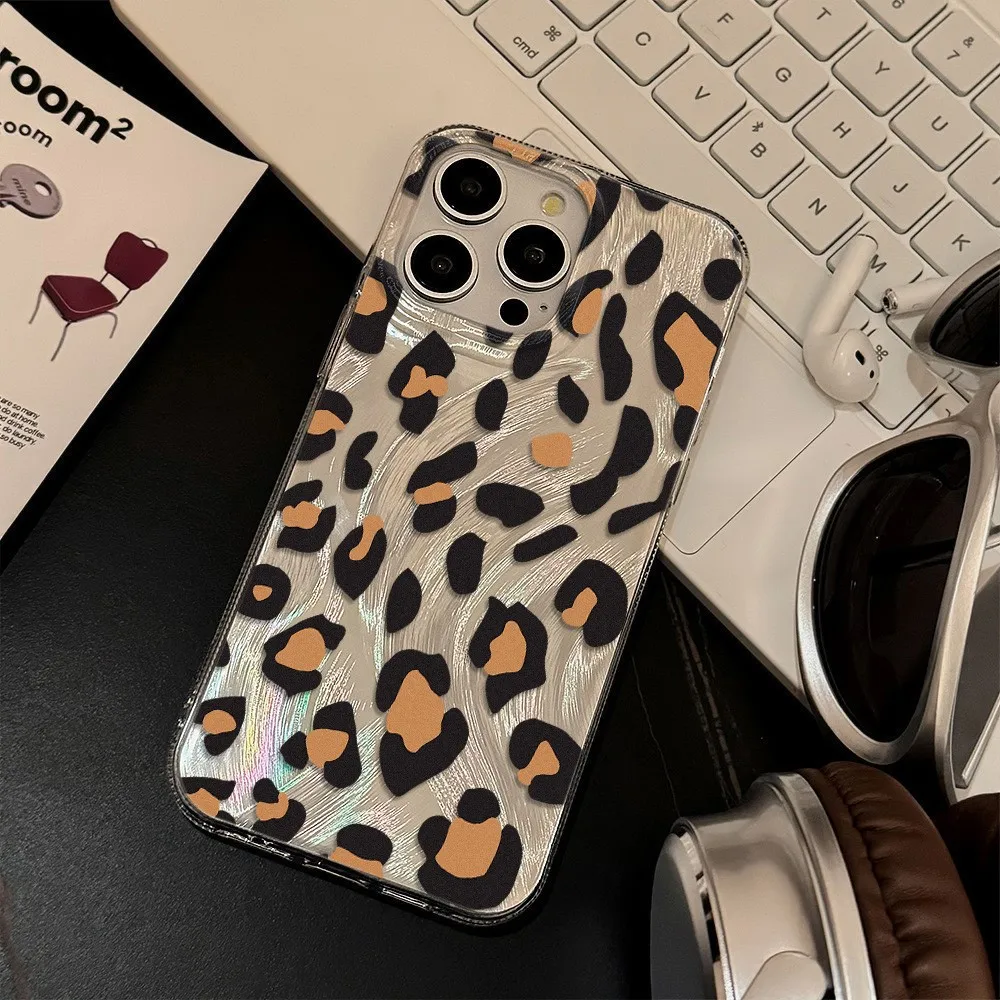 Luxury Leopard Print Glossy Glitter Funda Phone Case For Samsung S25 Ultra 5G S24 S22 S23 FE A55 A54 A35 A15 A05 Fashion Case