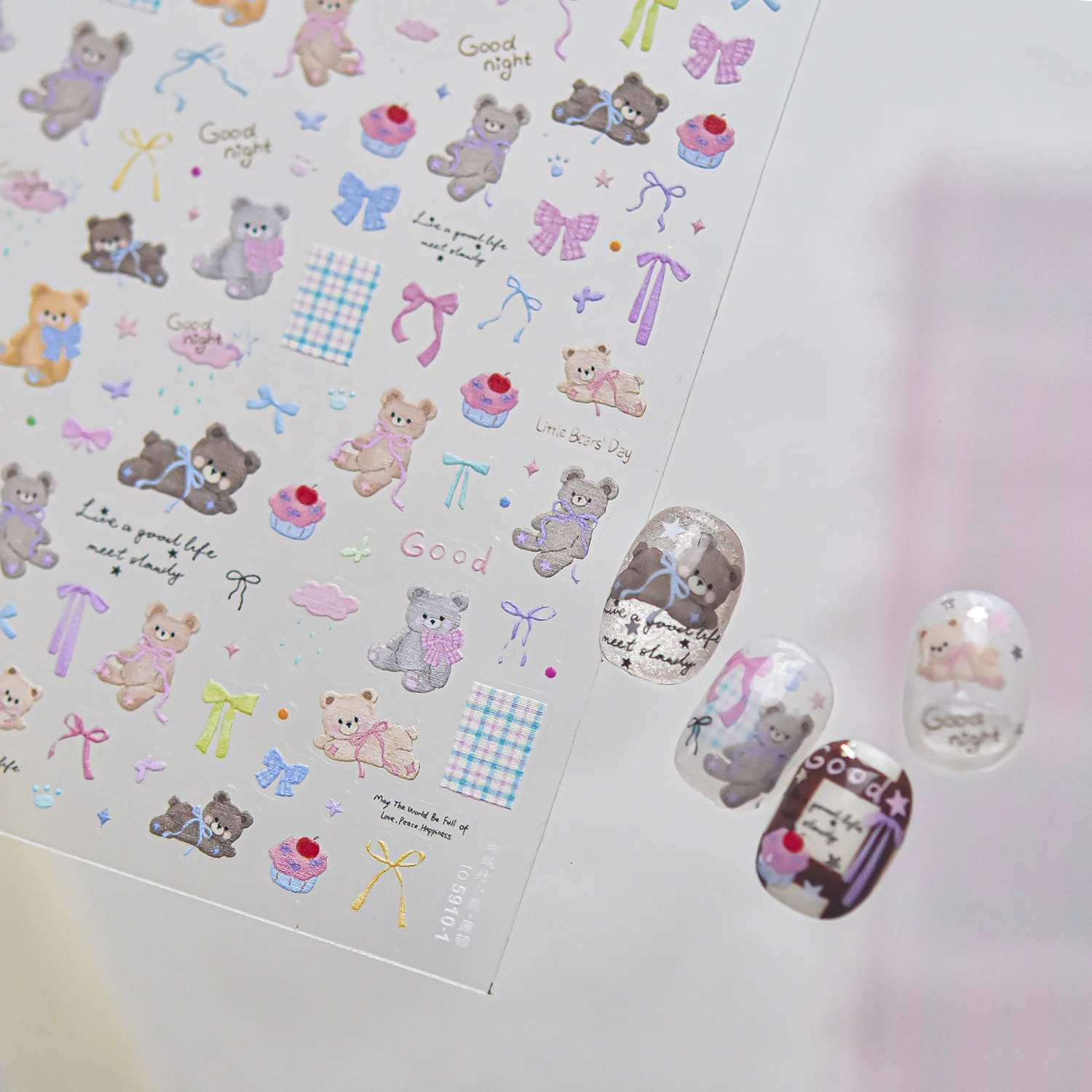 5D Cute Cartoon Bear Bow Cake Plaid Cloud Embossed Light Color Nail Stickers Self‑Adhesive Sweet Nail Decals DIY Manicure Decor