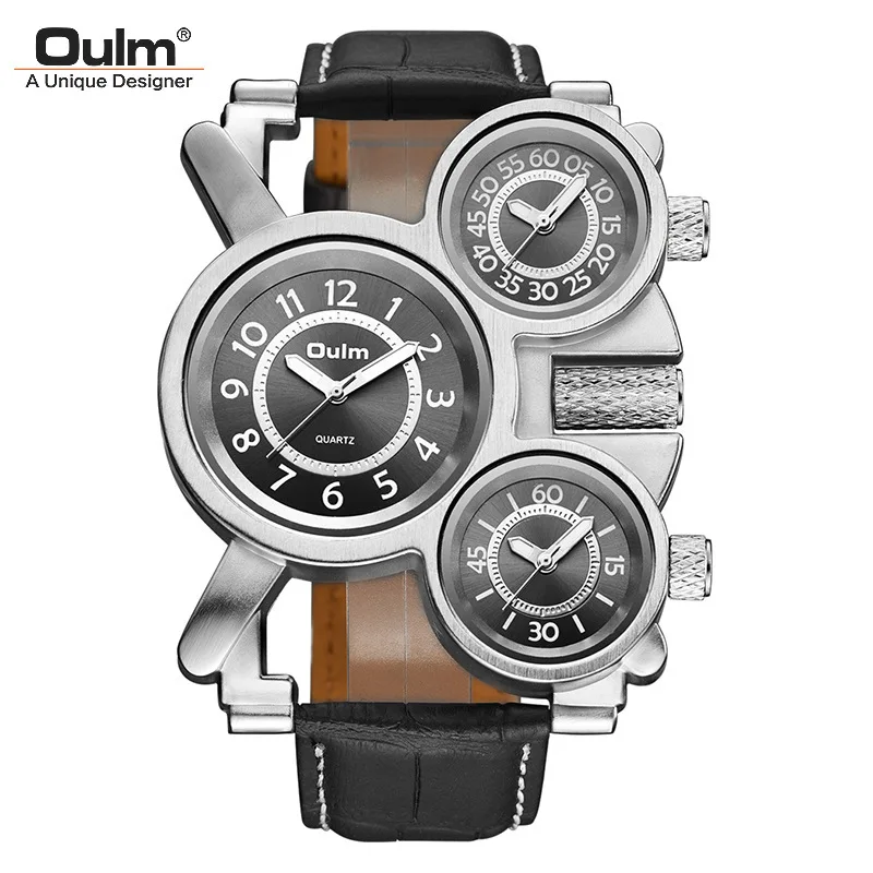 Fashion Oulm Top-Marken-Herrenuhr, wasserdicht, leuchtend, Quarz, mehrzonenfunktion, Gehäuse aus Legierung, großes Zifferblatt, Lederarmband
