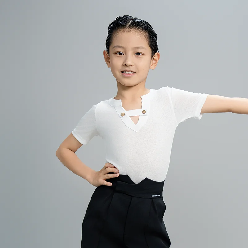 

New Latin Dance Tops Boys Salsa Clothing Performance Costume Practice Wear Children V-Neck Dancing Outfit Tango Dancewear XH2934