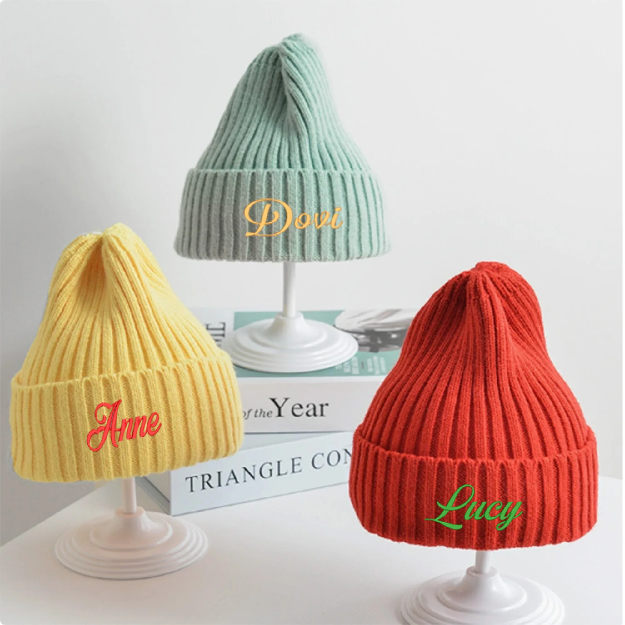 Personalized Embroidery Name Children's Knitted Hat Candy Color Baby Boy Girl Baby Custom Knitted Hat