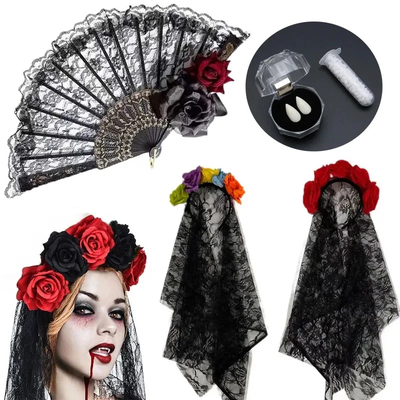 

Halloween Vampire Ghost Bride Black Veil Rose Flower Headband Wedding Cosplay Day of The Dead Halloween Party Accessories