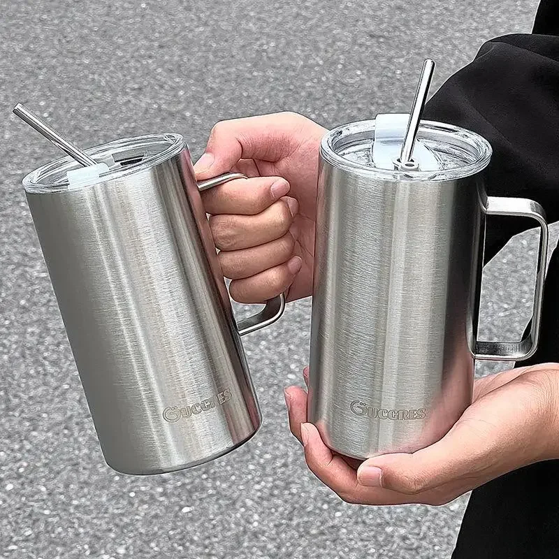 New 2025 Coffee Cup High Aesthetic 304 Stainless Steel Straw Ice King Female Handle Cup Double Cover Insulated Cooling Cup