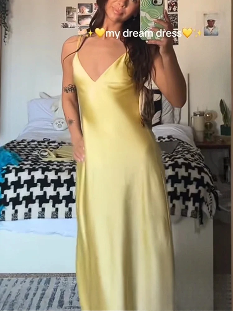 KONDALA Sexy Yellow Satin Long Summer Party Dress Women V Neck Backless Cami Straight Dress Fashion 2025 Spring Summer Dress