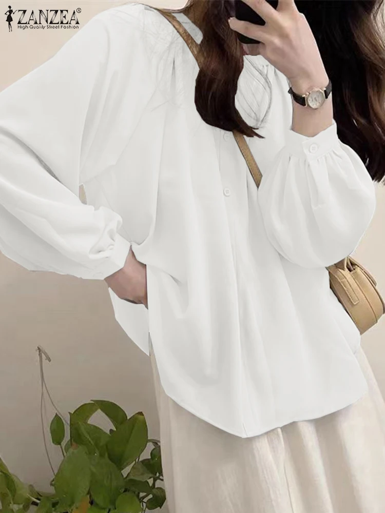 

Women Solid Shirt 2024 Spring Long Sleeve Blouse ZANZEA Fashion Korean Round Neck Tops Vintage Single Breast Tunics Oversized