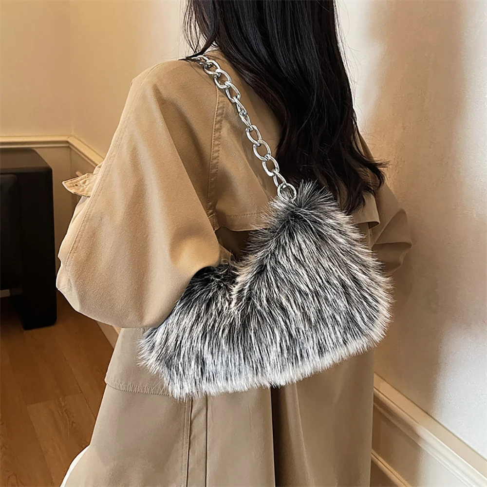 Autumn Winter Chain Plush Underarm Bag Women's High Grade Zipper One Shoulder Bags Party Shopping All-Match Versatile Handbags