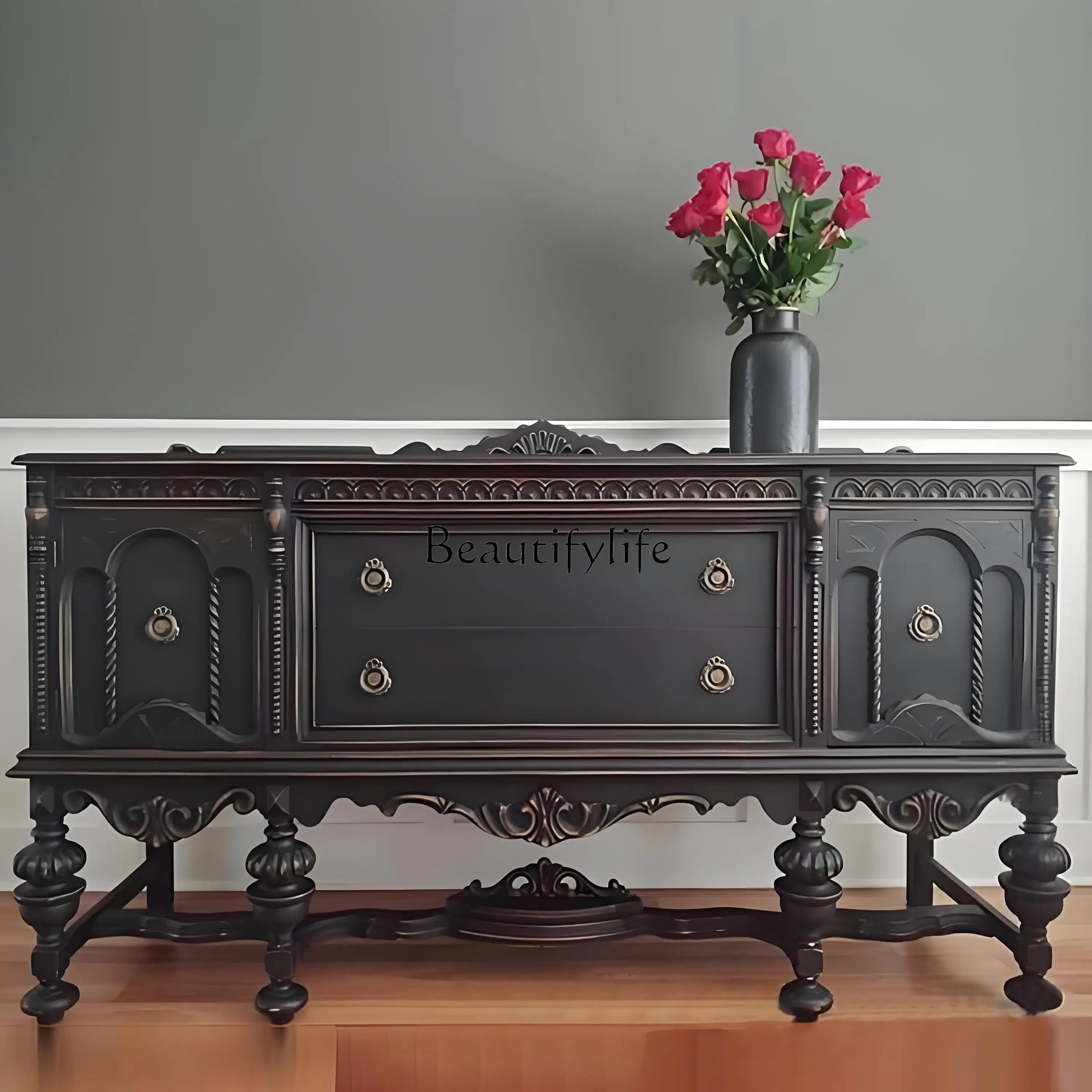 

French Retro Solid Wood Entryway Cabinet Hallway Wall Decoration European Style Living Room Carved Storage Cabinet