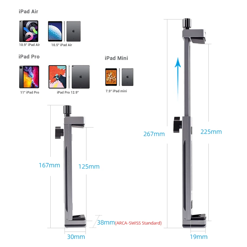 XJ-15 Universal Aluminum Alloy Tablet Phone Stand Holder Clip Tripod Adjustable Bracket For Mobile Phones Ipro Tablets 12.9in