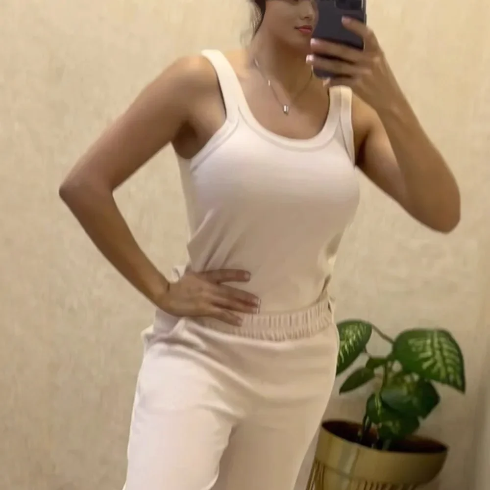 

Sleeveless Ribbed Tank Top 2 Piece Loungewear Set U-Neck Stretchy High Waist Straight Leg Pocket Design Pants Tracksuit