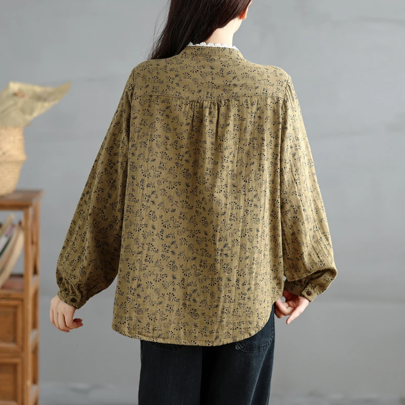 Casual Allentato Lungo Sve Stampa floreale irt Sle da donna Autunno Top Comodo misto cotone poliestere Vestibilità regolare irt