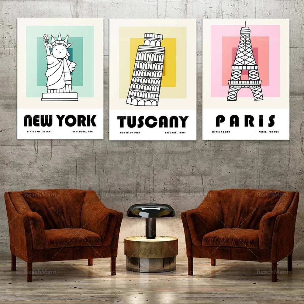 3-piece set | travel printable wall art | cute color block printing | travel poster modern art printing | New York, Tuscany, Par