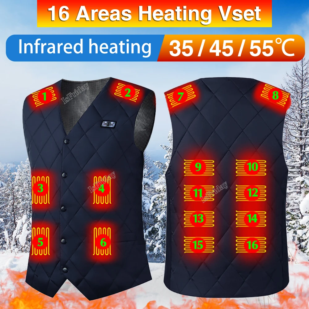 16 Places Zones Heated Vest 3 Gears Heated Vest Coat USB Charging Thermal Electric Heating Clothing Women Men for Camping Hiking