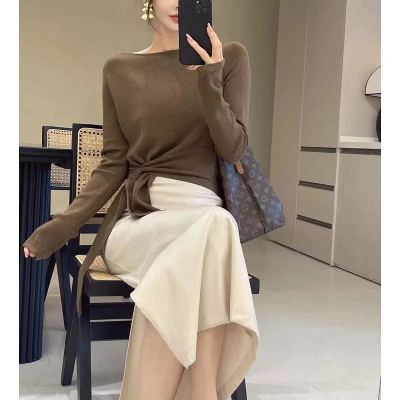 Women\'s Spring and Autumn Round Neck Long Sleeve Solid Color Knitwear Fashion Casual Slim Elegant Commuter Korean Version Tops