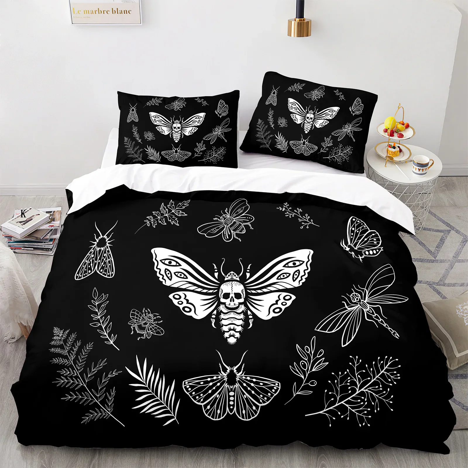 

Death Moth Duvet Cover Set Queen Size Gothic Skull Boho Comforter Cover Black and White Skeleton Decorative Soft Bedding Set