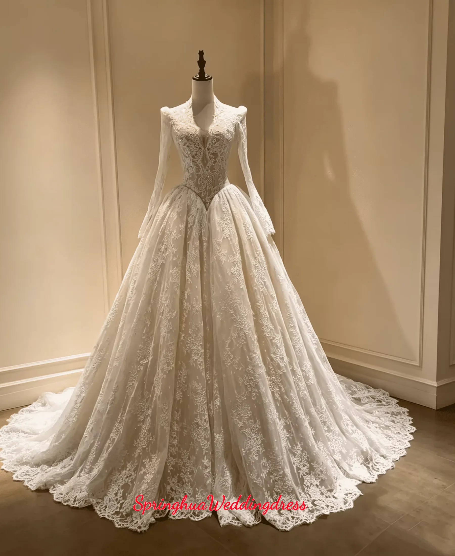 Customized Long Sleeve Lace Ball Gown Wedding Dress V-Neck Illusion Corset Royal Court Style Bridal Dress Vestidos De Novia