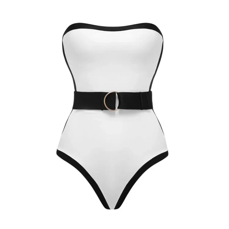 2024 New Retro Bandeau Color Block One Piece Swimsuit  Summer Swimwear Women Beachwear Bathing Suit