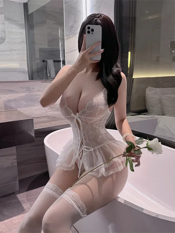 Mesh Sheer Transparent Mini Dress Lingerie Sexy Lace Jumpsuit Women Hot Uniform Lace Up Dress Elegant Hot Sexy Korean Women Y2CO