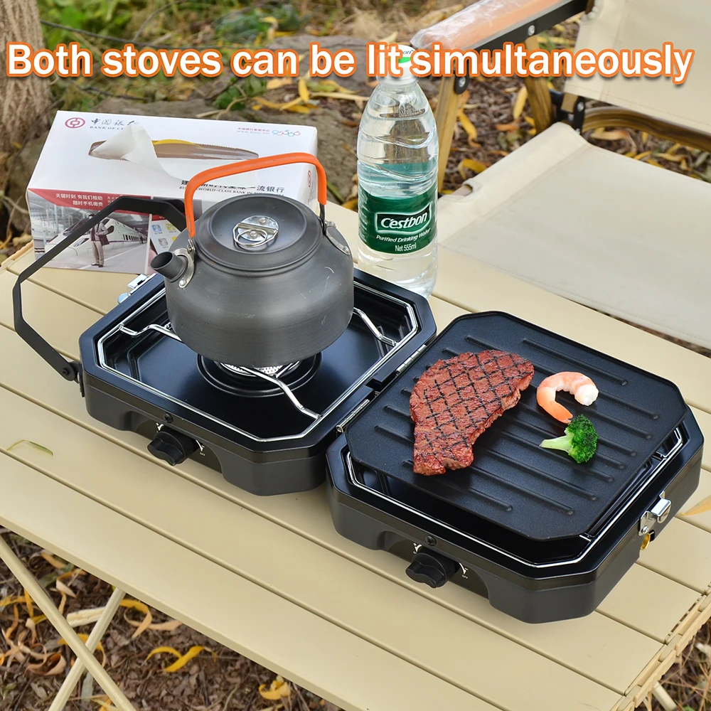 Outdoor  Dual Gas Stove BBQ  Grill  Gas Burner  with BBQ Pan Foldable  Double 2300W Power Portable  For Camping Fishing Hiking