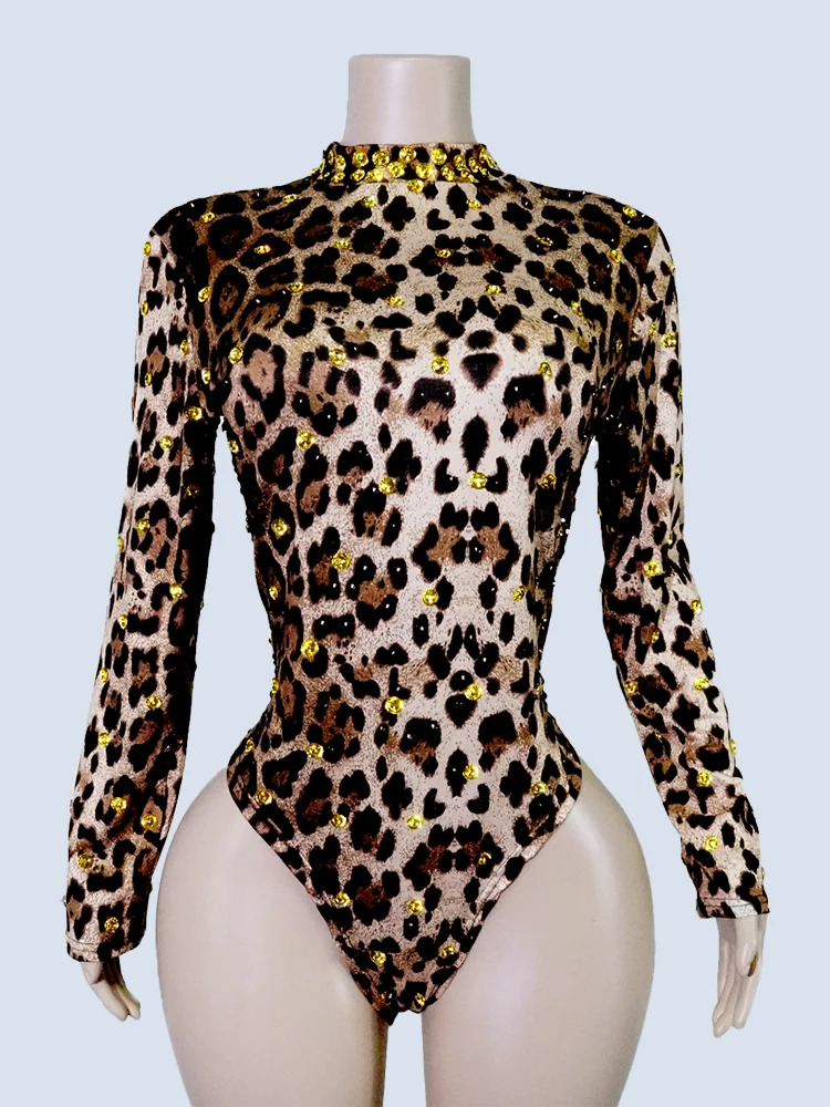 

Sexy Gold Rhinestones Bodysuits Leopard Print Rompers Women High Collar One Piece Bodycon Female Performance Pole Dance Costumes