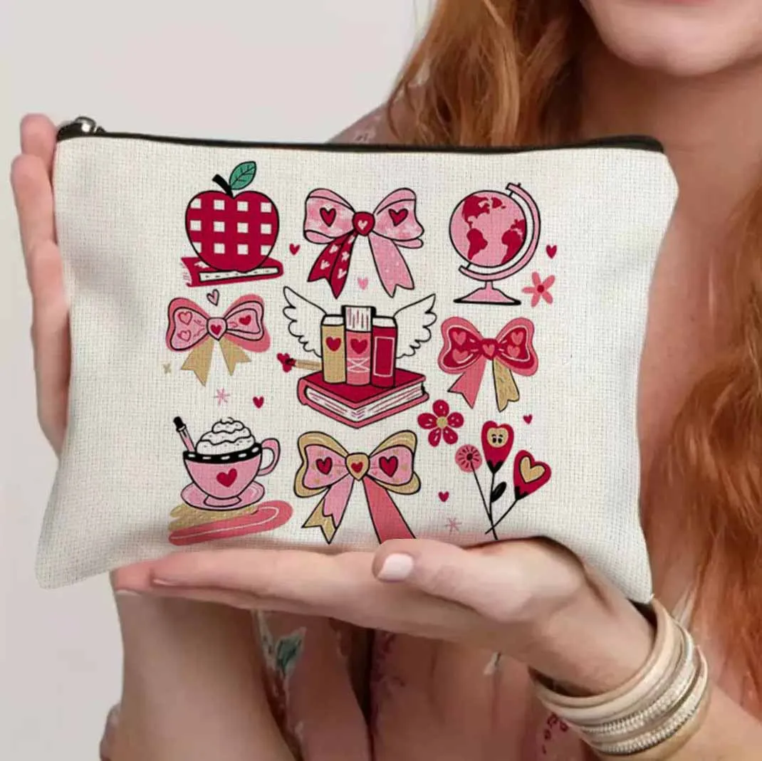 Teacher Theme Cosmetic Bag Apple Bow Globe Book Print Makeup Pouch Zipper Travel Toiletry Storage Purse Gift for Teachers