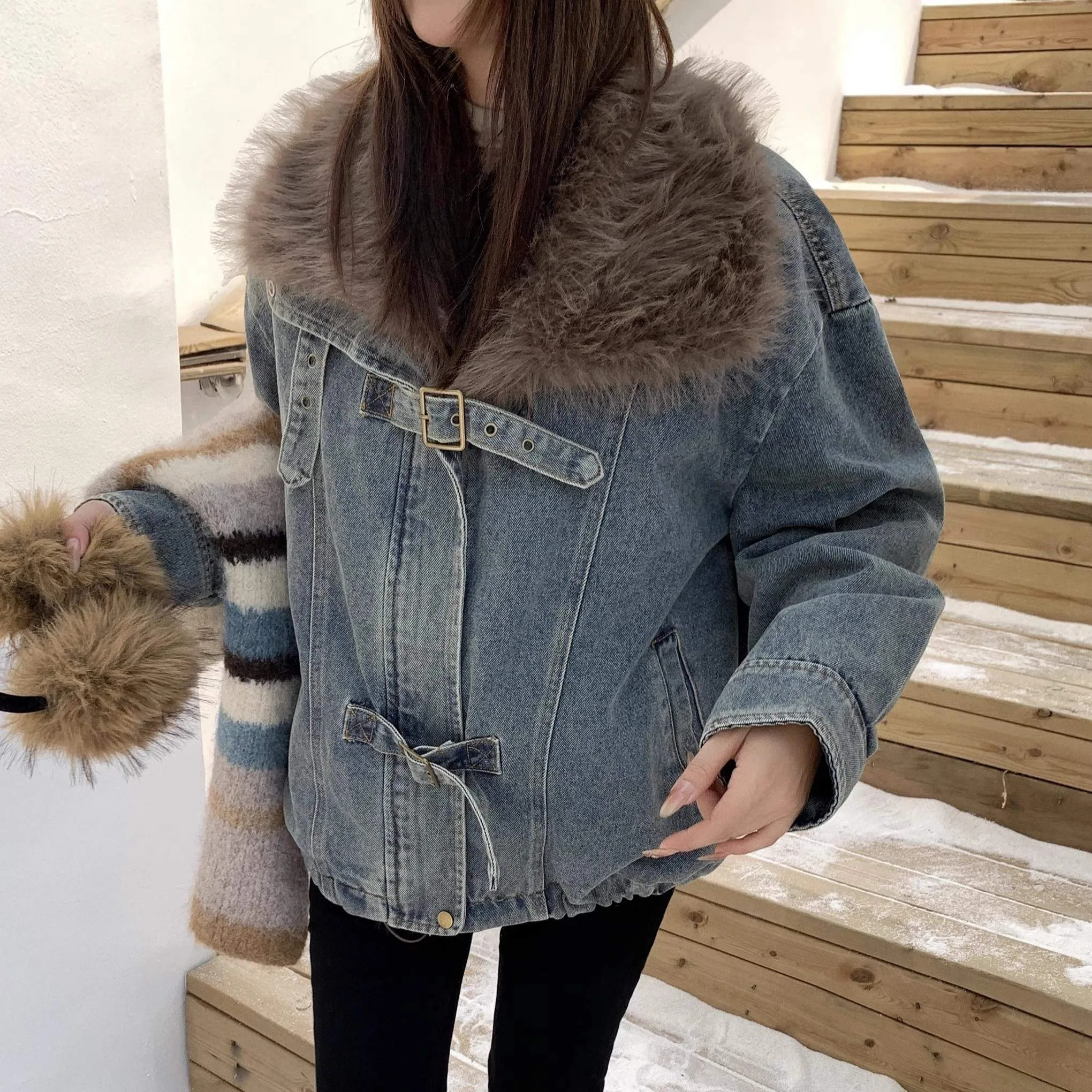 Women's Denim Jaet 2025 Autumn Winter Korean Sle Loose Versatile Warm Waed Casual Faion Fce Thiened Top