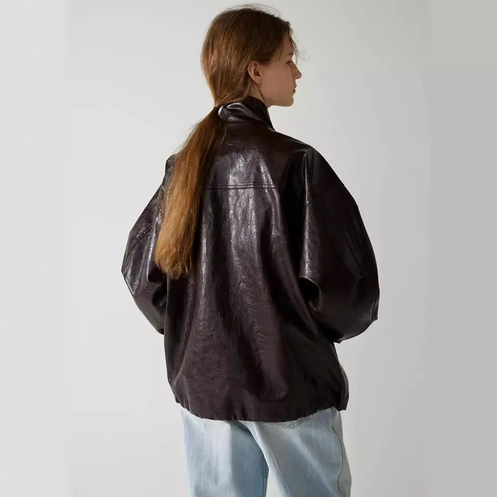 F*Cade P*Ttern レザージャケット 女性用 ルーズスタンドアップカラー バイクスタイルシルエット 通勤トップ 春夏秋用