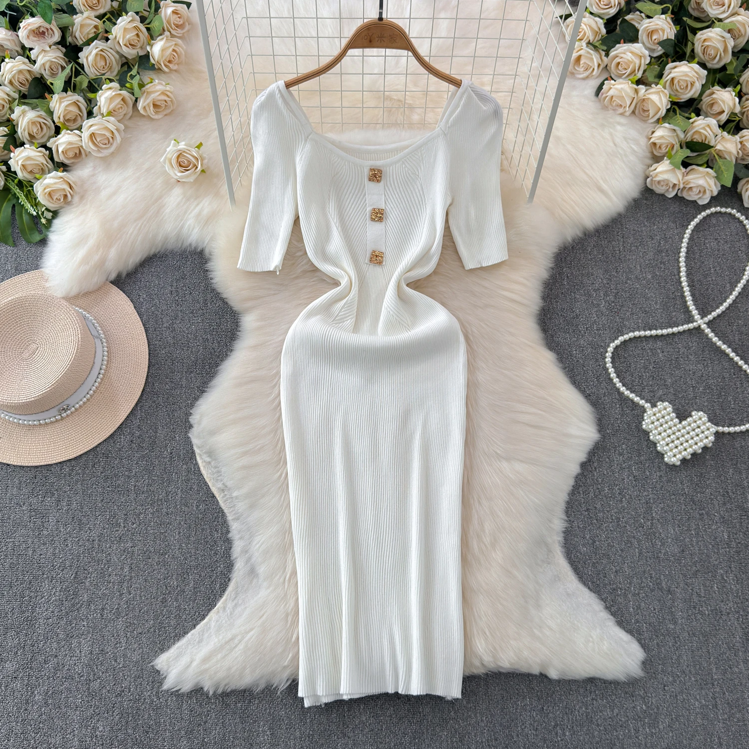 Sexy Chic Square Collar Elastic Knit Bodycone  Dress Solid Tight short sleeve Korean Fashion Party Slim Summer Women dresses