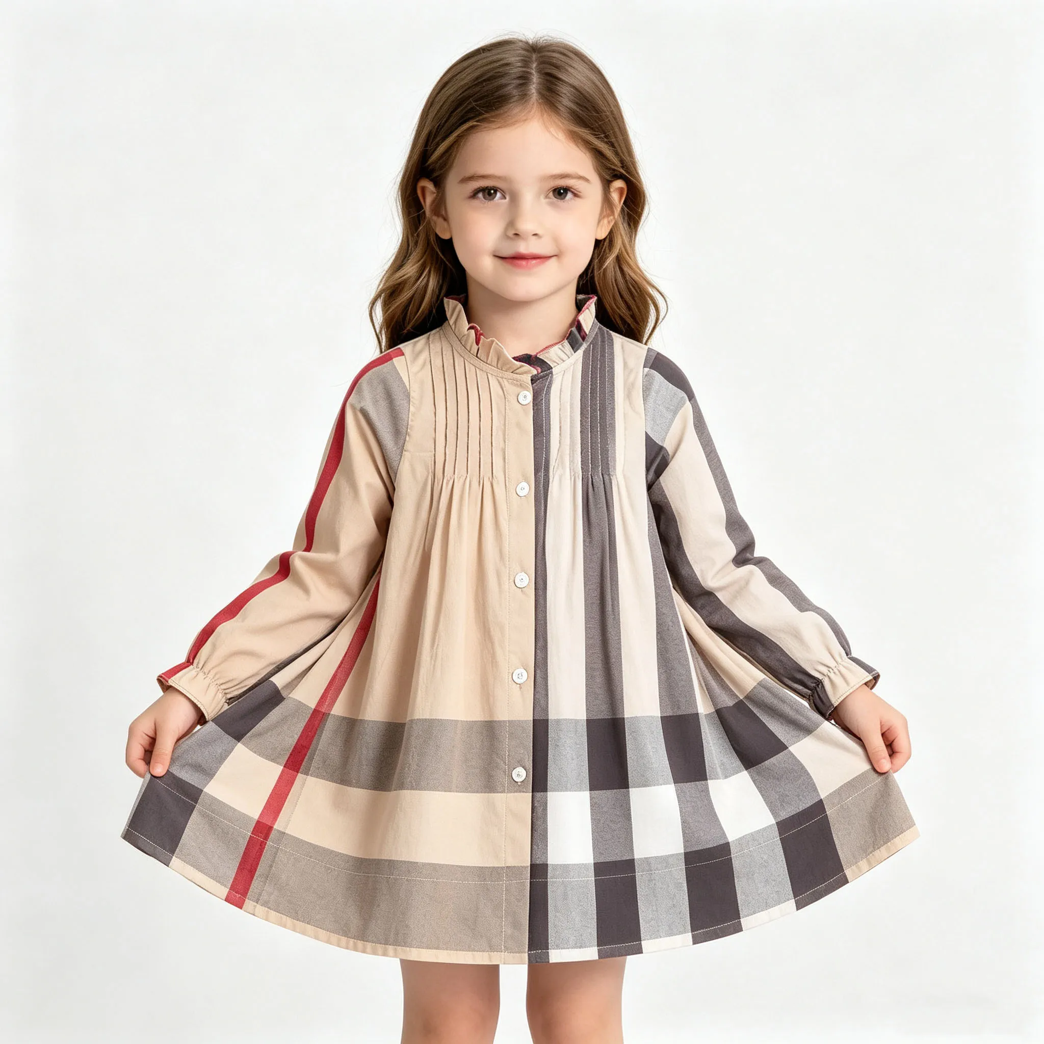 Spring  Autumn Toddler Girl Plaid Long Sleeve Dress Ruffled Stand Collar Button Front Pleated Casual A-Line Dress  Little Girls