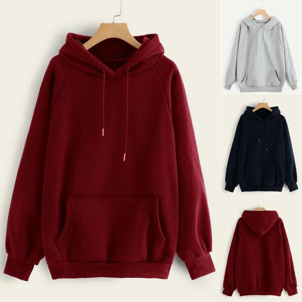 Jersey básico para mujer, sudaderas informales de Color sólido con hombros caídos, sudaderas con capucha de gran tamaño para otoño, bolsillo con capucha y cordón para mujer