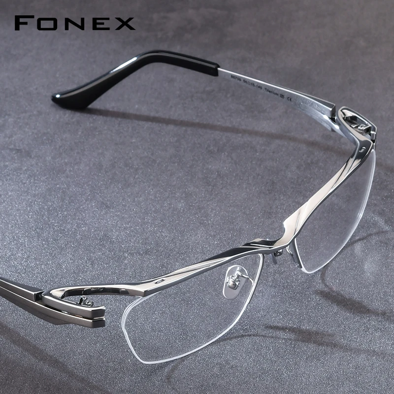 FONEX Pure Titanium Eyeglasses Frame Men Brand Design Semi-Rimless Square Glasses Half-Rim Japanese Ultralight Eyewear 85709