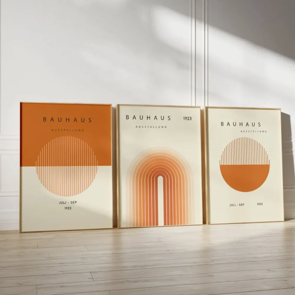 3 Frameless Orange Bauhaus Exhibition Posters Geometric Wall Art, Mid-century Modern Posters, Bohemian Rainbow, Instant Download