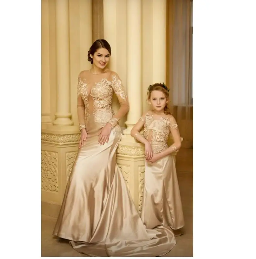 Mermaid Long Sleeve See Though Mother and Daughter Dresses for Photoshoot or Birthday Party Gown Mum and Kids Formal Dress for