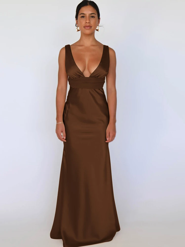 Julissa mo cetim sexy com decote em v pérola corrente feminino maxi vestido cinta de espaguete vestido de cintura alta inverno fino elegante clube vestido de festa