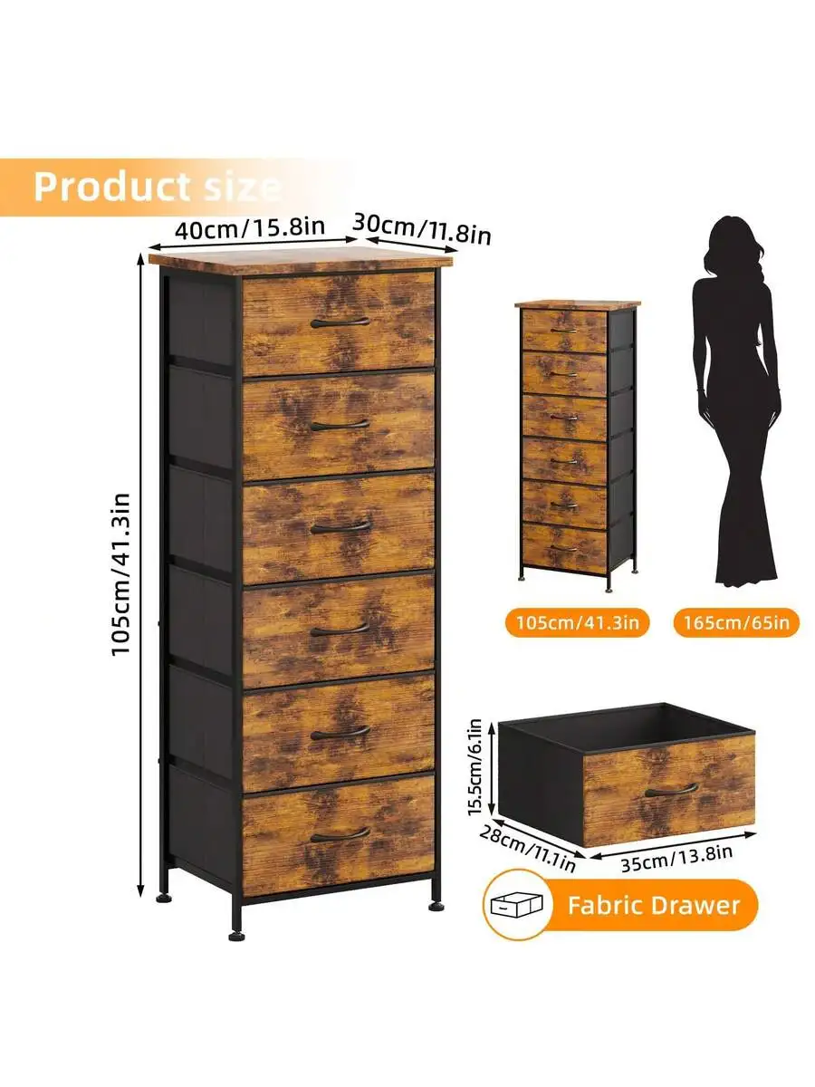 Tomnk 6 Drawers Nightstand For Bedroom, Tall Dresser & Chests Of Drawers, Fabric Dresser For Closet, Bedroom, Night Stand,