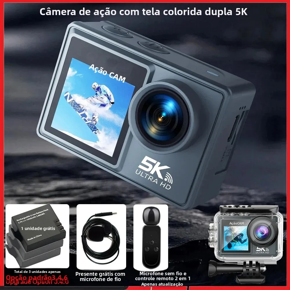 Câmera de ação 5K 4K60FPS Dual IPS Touch LCD EIS 170 °   Câmera esportiva com zoom 5X à prova d'água 30M Microfone sem fio opcio