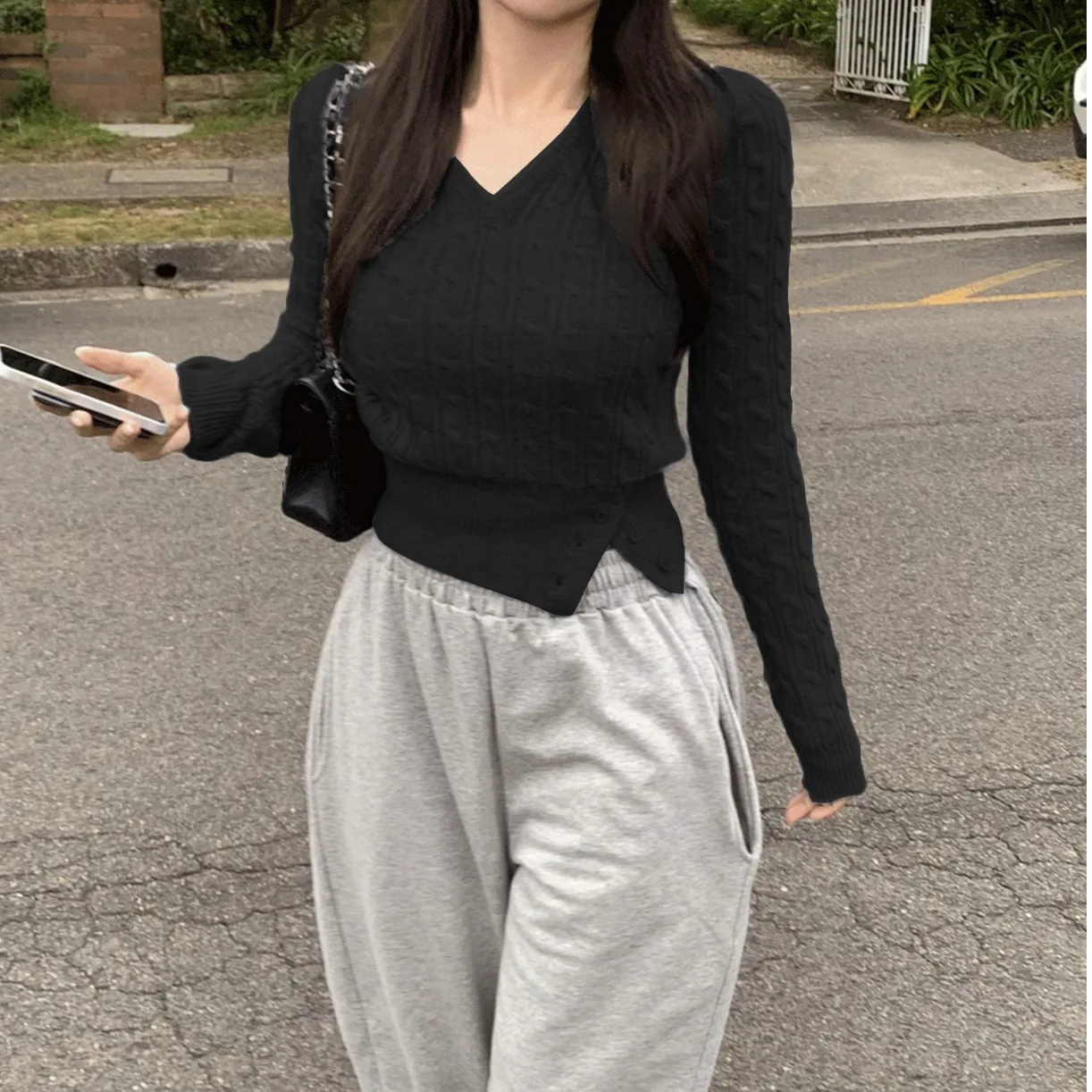 

ort Casual V-Ne Women's Knitwear Side Slit Casual Sweater Korean Sle Autumn Winter Long Sve Pure Color Top