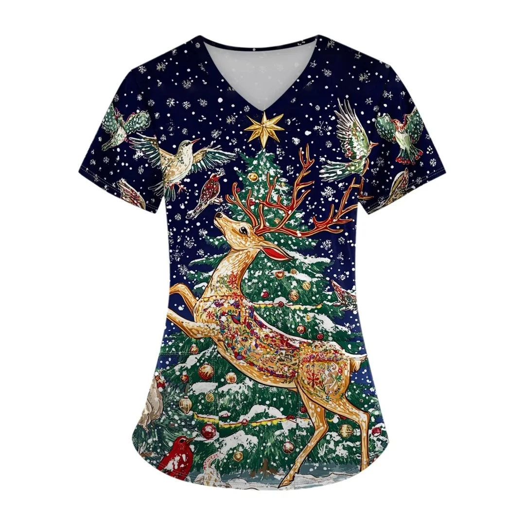 ชุดพยาบาลลายคริสต์มาสและวันขอบคุณพระเจ้า น่ารัก แขนสั้น ชุดสครับสำหรับสัตว์เลี้ยง ชุดทำงานสำหรับผู้หญิง เสื้อแขนสั้น