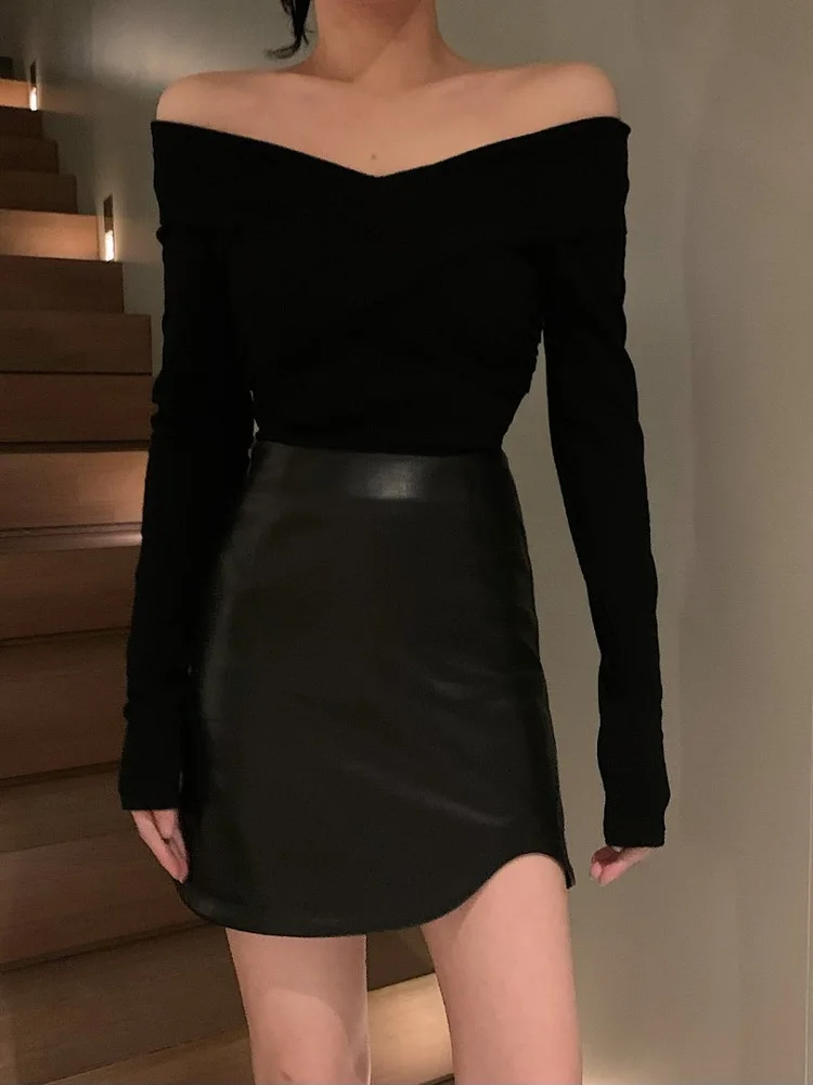 

Limited Time High Waist A-Line Skirt Asymmetrical Hem Leather Skirt Autumn Design Sensation Women's Faion Casual Polye...