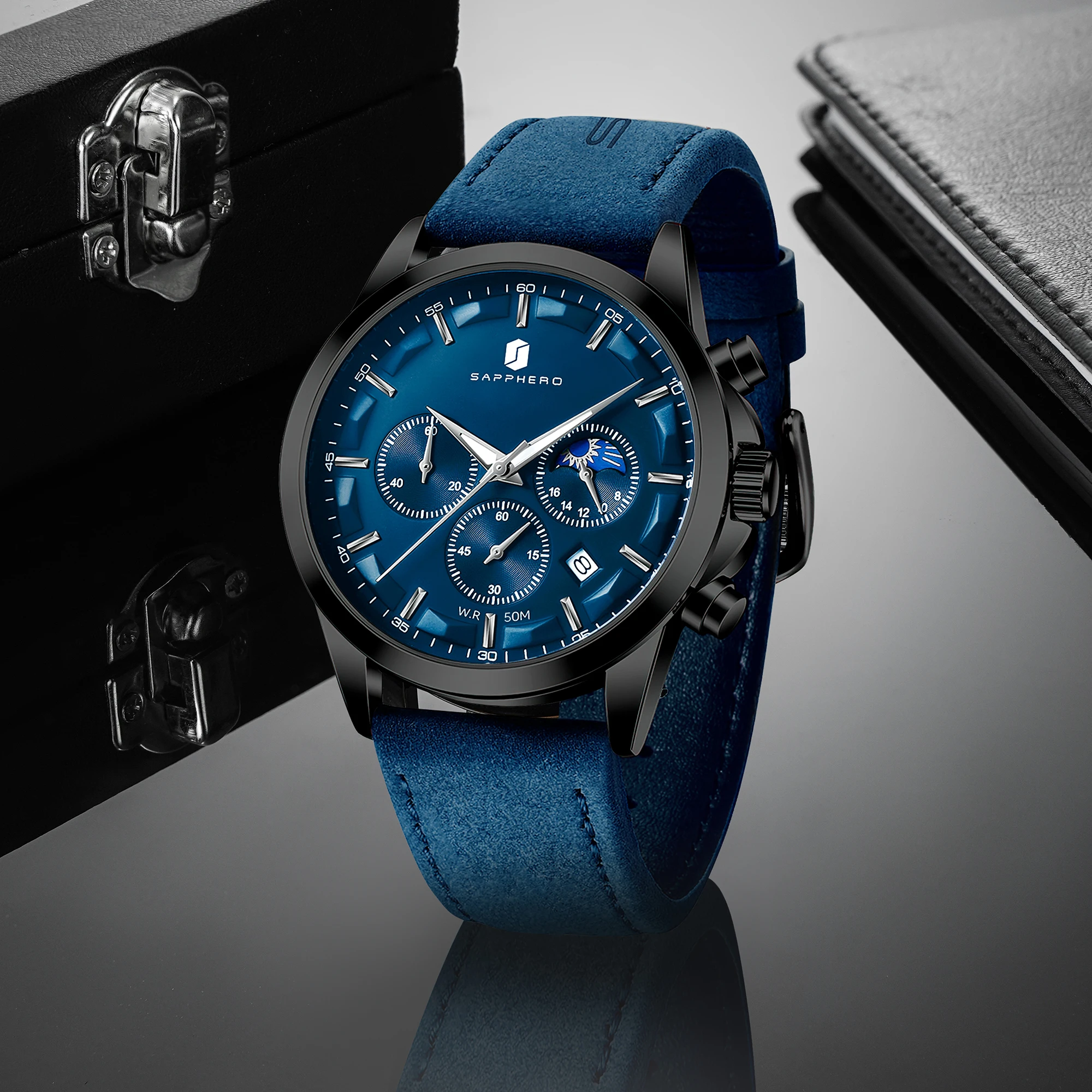 SAPPHERO Herren Chronograph Quarzuhr, 5ATM Wasserdicht, Hardlex Kristall, Lederarmband, Modische Sportuhr, Perfektes Geschenk für Männer – Detail 9