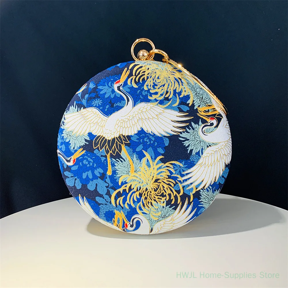 Women's Evening Clutch Bag Round Wristlet Box Bag Chinese Style Print Chain Shoulder Handbag for Wedding Banquet Party