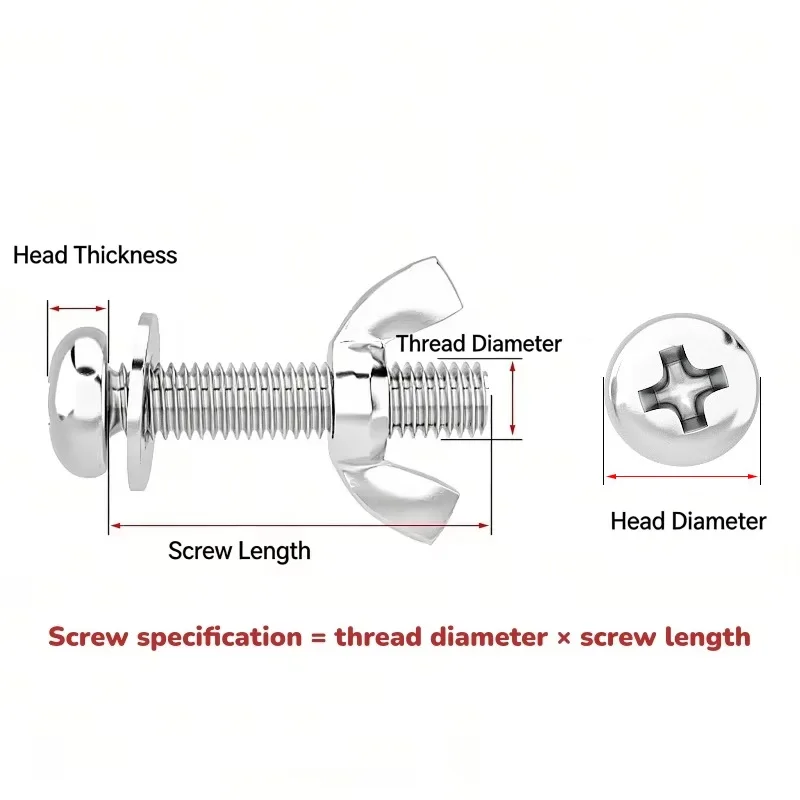 M3 304 Stainless Steel Cross  Round Head With Butterfly Nut Washer Screw Combination Set
