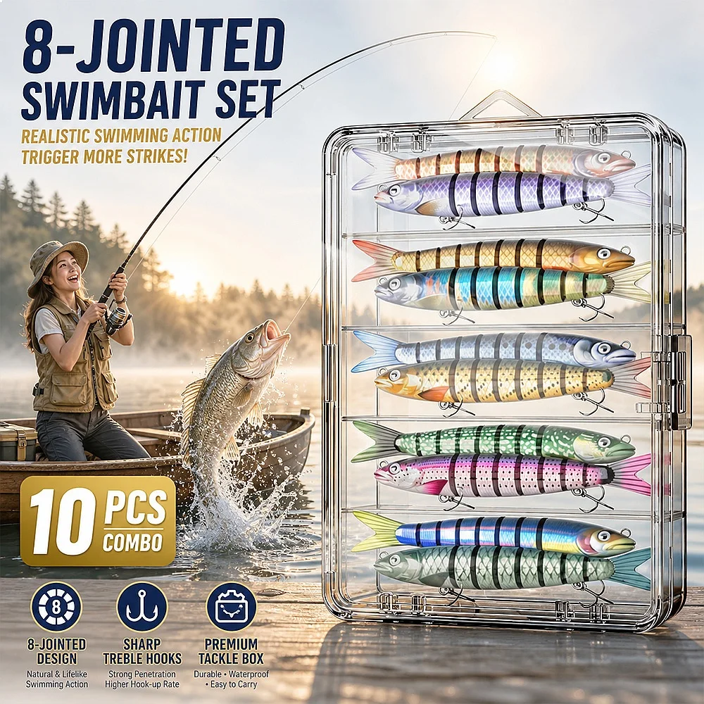 8-Section Predator Bait 3/5/10 Pack Slow Sinking Crankbait Steel Rattle 3D Eyes for Trout Salmon in River Current
